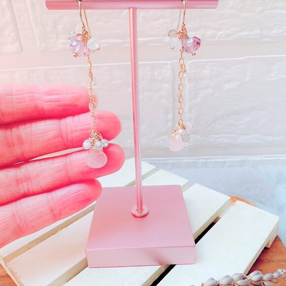 New Handmade Rose Quartz with Mini Gemstones Cluster Long Dangle Earrings - Picture 2 of 5